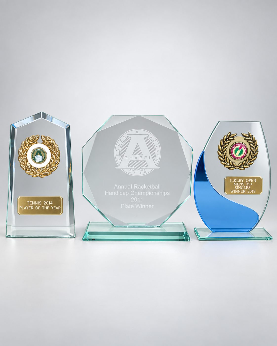 Joe Jeynes tennis trophies — Tennis Player of the Year 2014 and Ilkley Open Mens 35+ Singles Winner 2019
